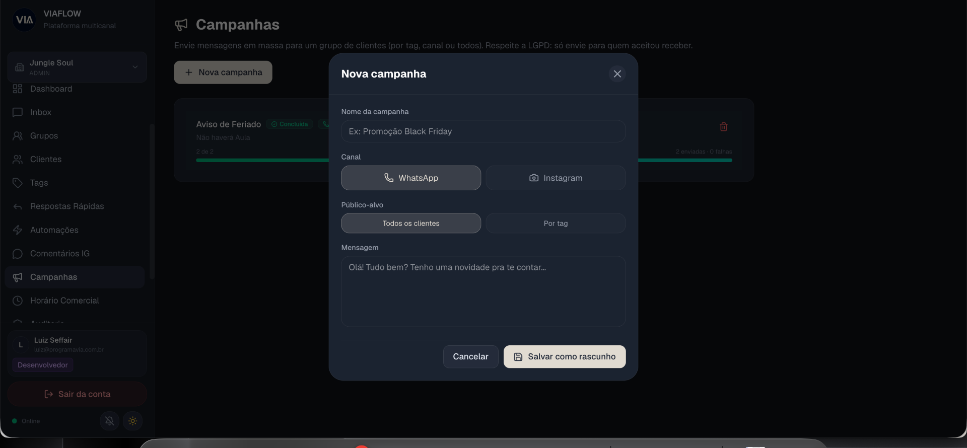 Tela de campanhas de reativação no VIA Flow