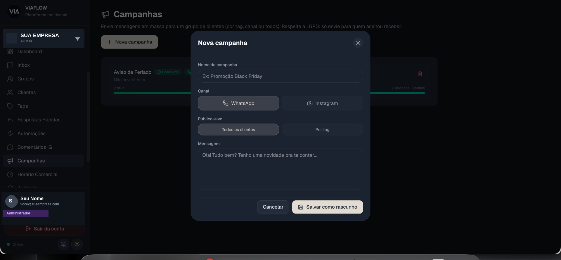Tela de campanhas de reativação no VIA Flow