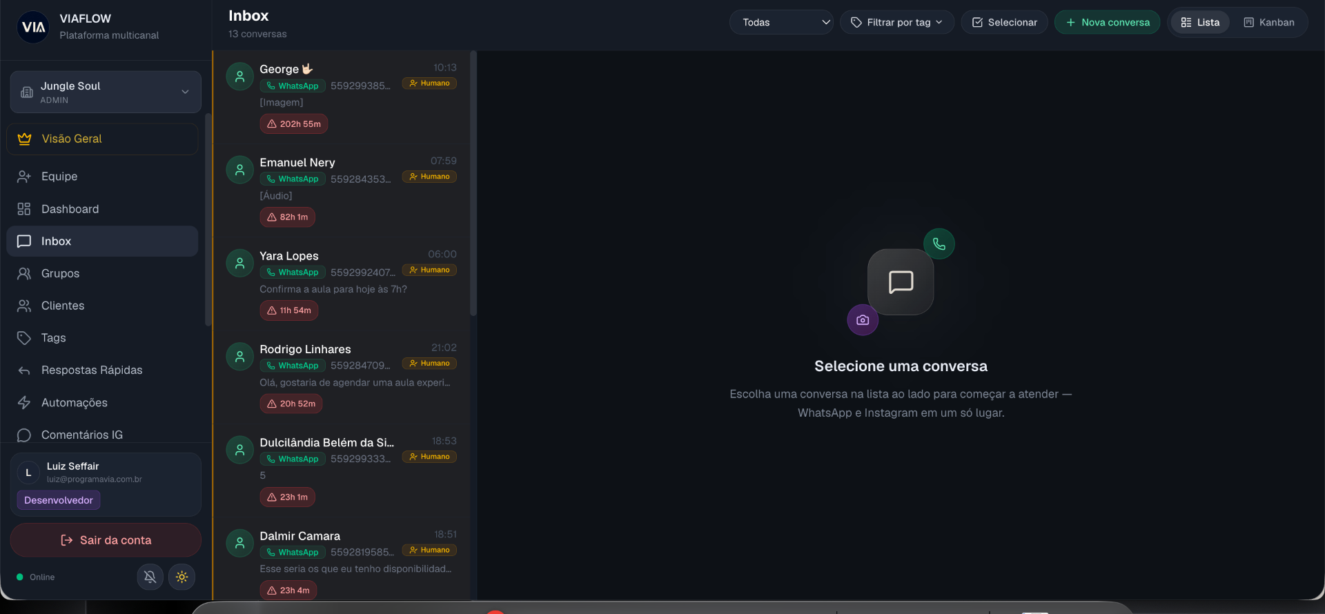 Inbox unificado do VIA Flow com conversas de WhatsApp e Instagram
