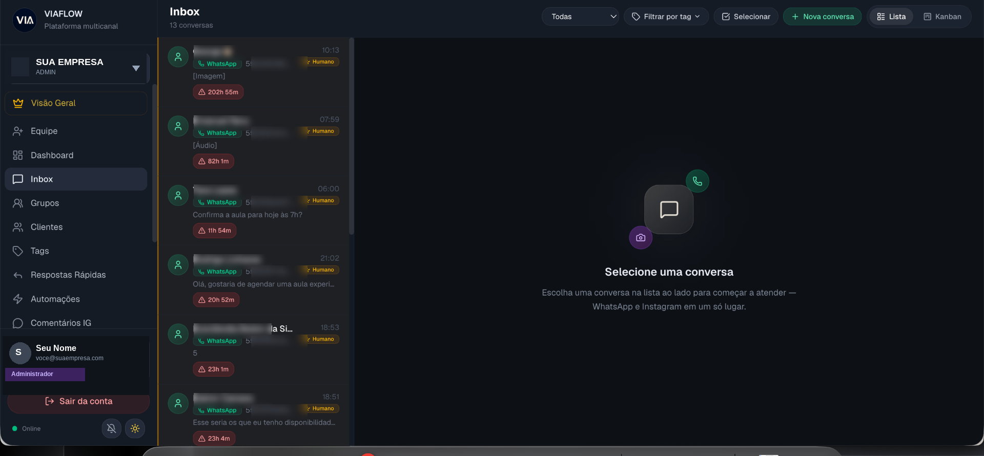 Inbox unificado do VIA Flow com conversas de WhatsApp e Instagram